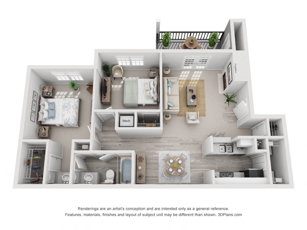 Floor plan for 2 beds, 1 bath, 863 sqft